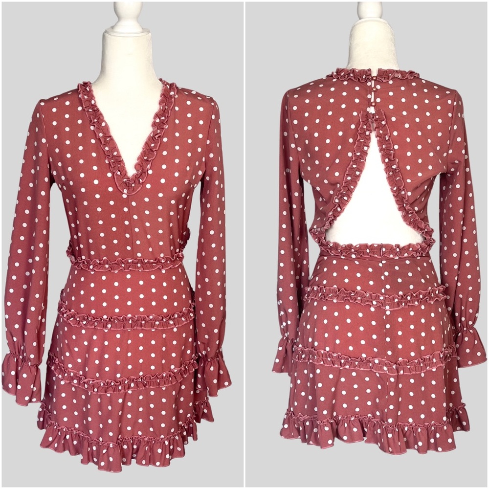 Mauve Pink & white polka dress v neck ruffle detail keyhole peaksboo back sz 4